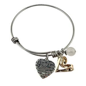 Love Heart Quartz Bead Charm Gold Tone Accent Silver Tone Bangle 7” Bracelet